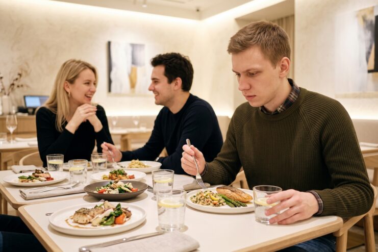 Ansiedad social y miedo a comer en un café Joven sintiendo ansiedad en la mesa de un restaurante con una pareja conversando al fondo.