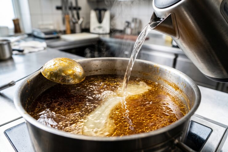 Agua hirviendo arruinando sopa terminada Vertiendo agua hirviendo de una tetera en una olla de sopa