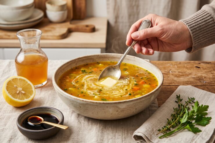 Ingredientes para salvar sopa diluida Agregando mantequilla, limón y salsa de soya a una sopa