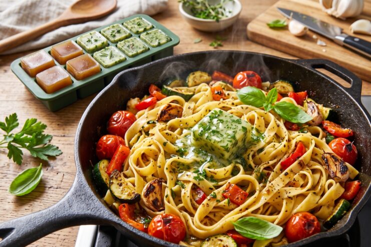 Pasta caliente con verduras en una sartén donde se derrite un cubo de aceite de oliva congelado con hierbas.