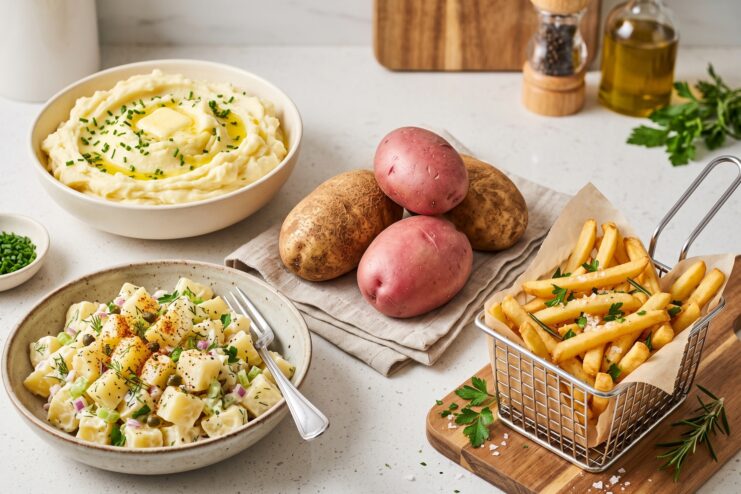 Platillos con diferentes tipos de papa Puré suave, papas fritas crujientes y ensalada de papa con hierbas