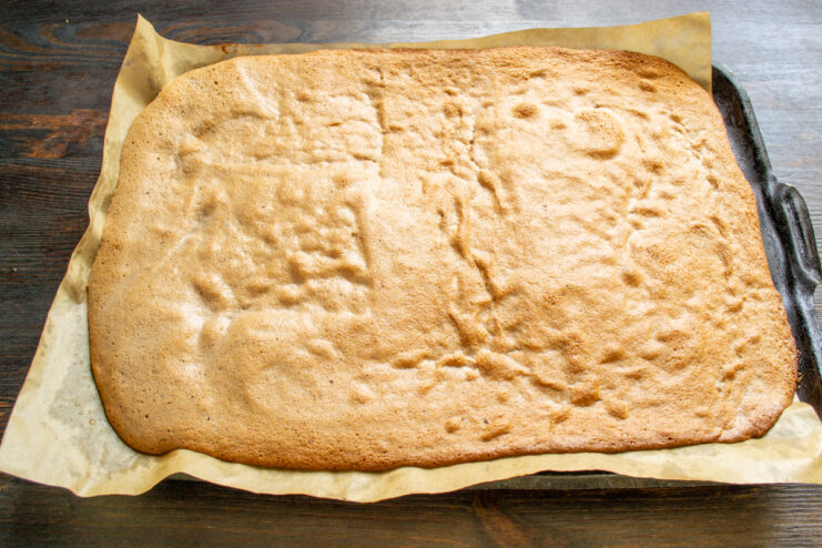 Plancha de bizcocho horneada Base de bizcocho de harina de arroz horneada sobre una bandeja