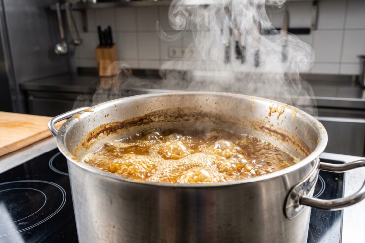 Ebullición violenta destruyendo el aroma del caldo Caldo hirviendo intensamente en una olla sobre la estufa