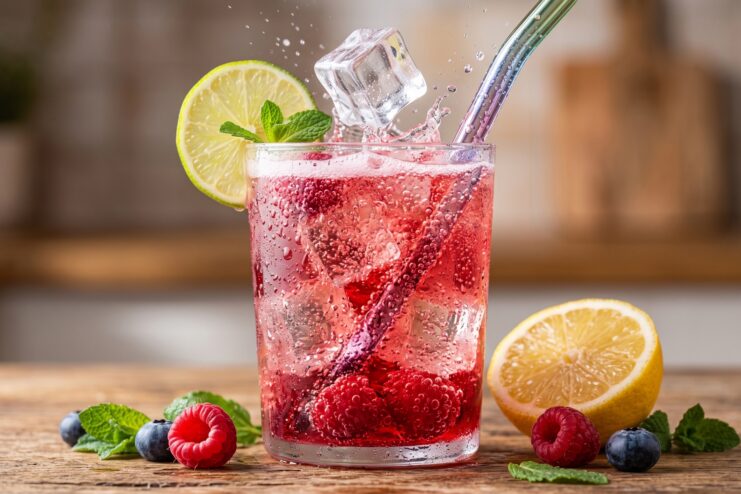Limonada casera con frutos rojos, menta y hielo Refrescante limonada casera de frutos rojos con frambuesa, arándanos, lima, menta fresca y cubos de hielo