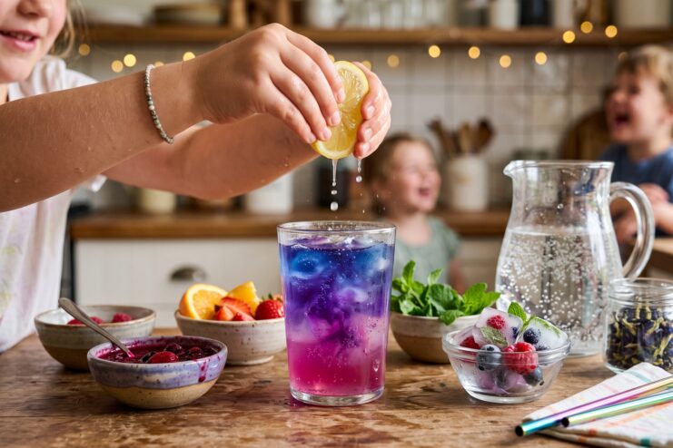 Cambio mágico de color en la bebida usando limón Un niño exprime jugo de limón en té azul anchan, el cual cambia su color a violeta