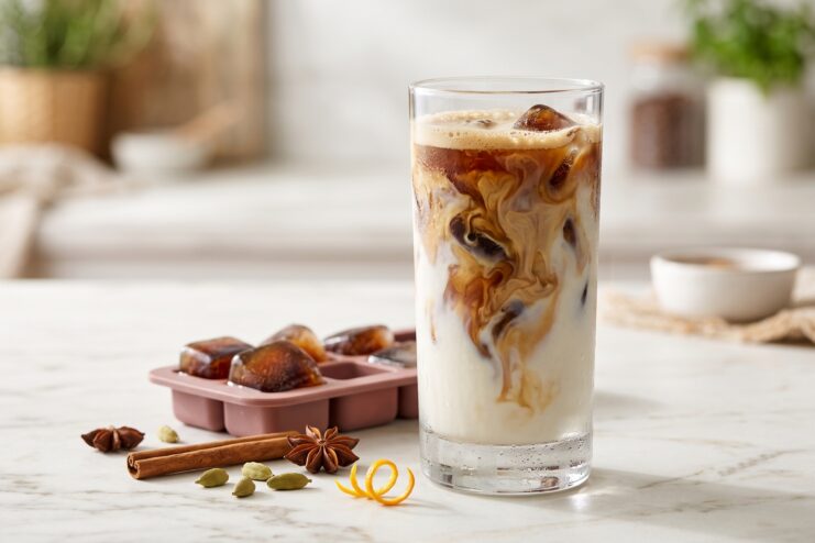 Vaso de café latte frío con hielo de café, leche, ramas de canela y anís estrella sobre la mesa.
