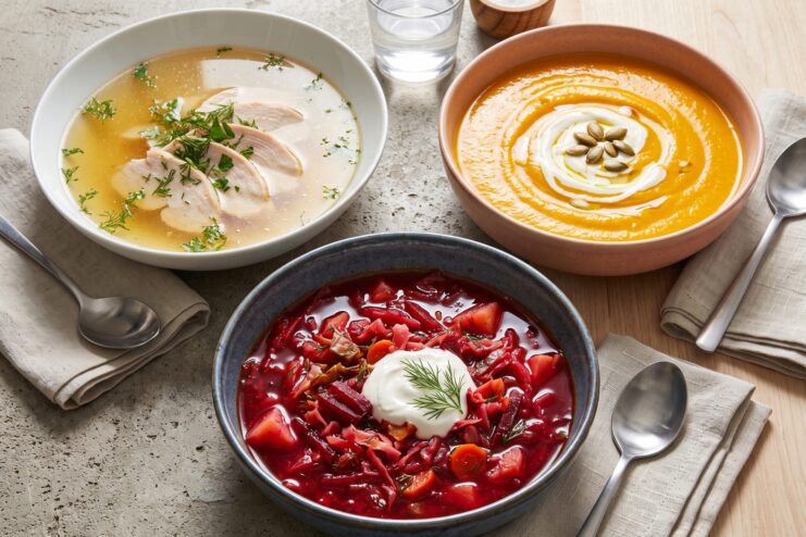 Diferentes tipos de sopas y su reacción a la dilución Tres platos con caldo de pollo, crema de calabaza y borsch
